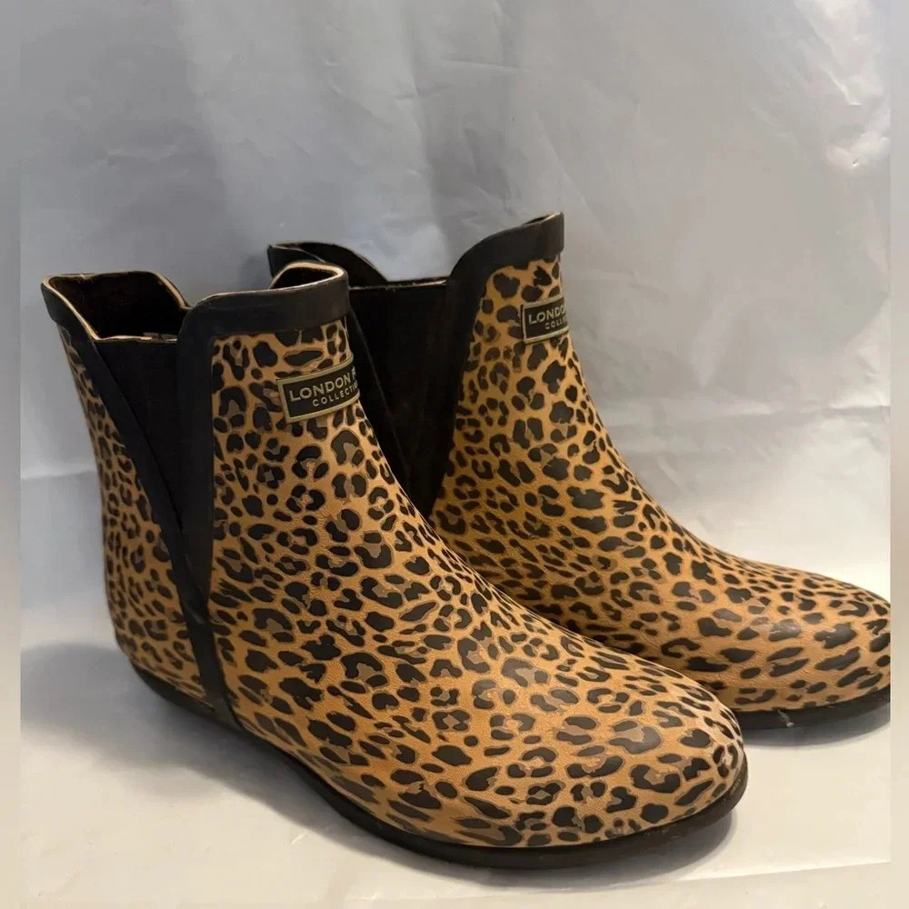 LONDON FOG Piccadilly LEOPARD Flat Rain Boots Rubber Ankle Booties Size 7